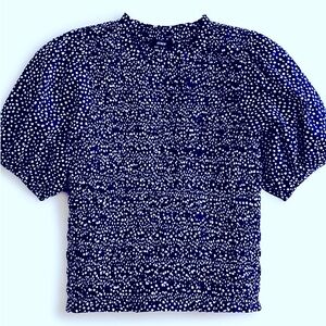 J. Crew Women's Size xs Puff Sleeve Textured Voile Smocked Top Navy Polka Dot